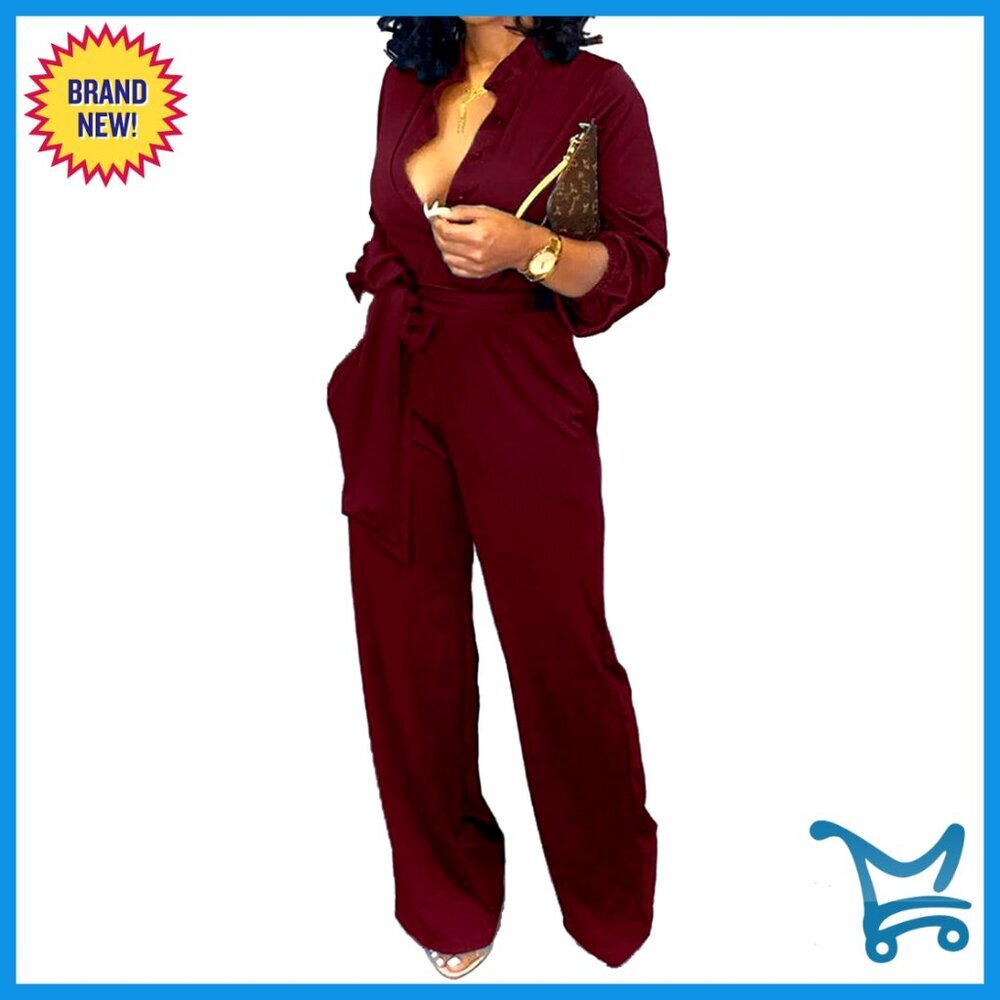 V-Neck Long Sleeve Jumpsuit with Pockets and Belt for Work Casual